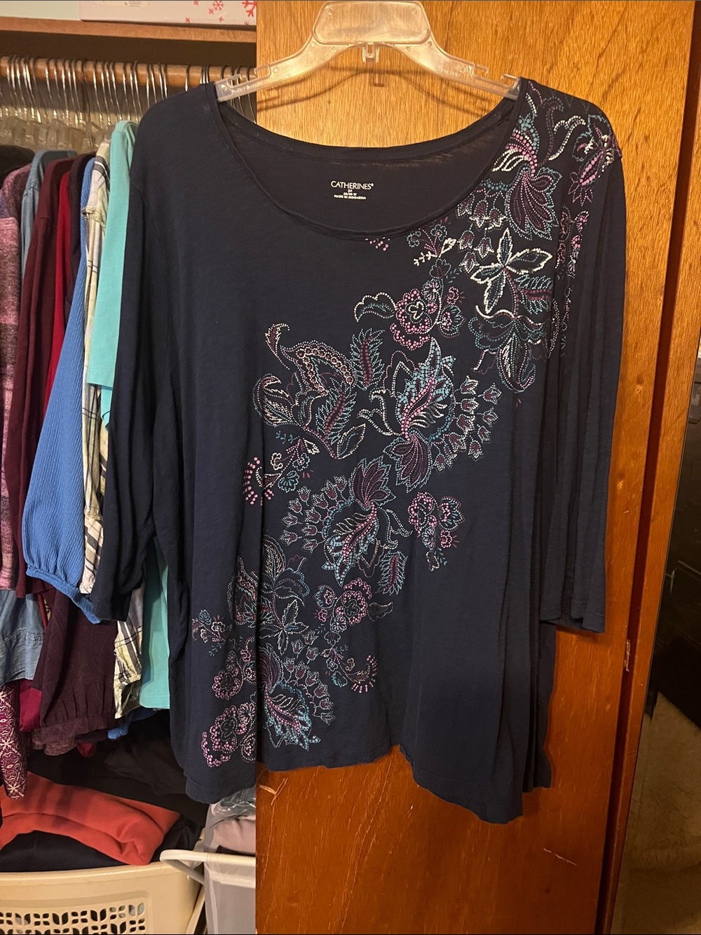 Catherines Navy Floral Scoop Neck Tunic with Metallic Accents